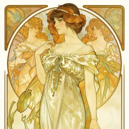 in the style of artgerm, arthur rackham, alphonse mucha, evan rachel wood, symmetrical eyes, symmetrical face, flowing white dress, hair blowing, single face, warm colors