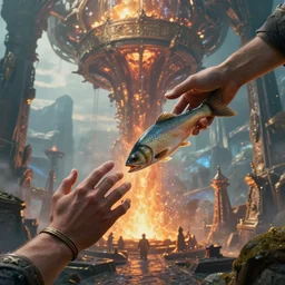 beautiful digital fantasy illustration of the forge of worlds, concept art by xul solar, two hands reaching for a fish, high detail texture, unreal engine, 8 k, photographic quality, ultra hyper realistic quality, 8 k definiton, hyper - realistic, cinematic, cinematic lighting