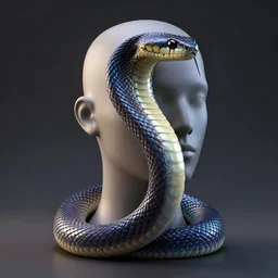 a 3 d render of a mannequin head with a beautiful large eastern indigo snake, iridescent scales, 4 k, trending on artstation, award winning, photorealistic, volumetric lighting, octane render,