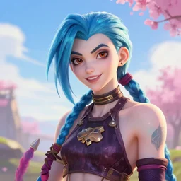 jinx from league of legends, portrait. volumetric lighting, spring, late morning, sunny weather, few clouds, realistic illustration, perfectly shaded, soft painting, art by leesha hannigan, ross tran, thierry doizon, kai carpenter, ignacio fernandez rios