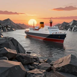 super detailed color lowpoly art, northern sunset with rocks on front, monochrome photorealistic bay in the middle of perspective and mountains at background, big graphic seiner ship, unreal engine, high contrast color palette, 3 d render, lowpoly, colorful, digital art, perspective, full volume composition, robb cobb, syd mead