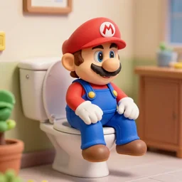 claymation, mario sitting on a toilet in public, depth of field 2 7 0 mm