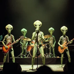 film still of a band of aliens preforming a song at a concert, by moebius
