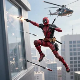 Deadpool leaps off militarily helicopter firing missiles and smashes through high rise window, explosions, by Michael Bay