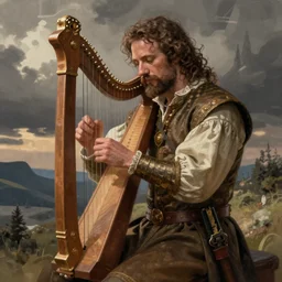 illustration of gordon freeman from half - life as a bard playing a lyre, dressed in renaissance clothing, by greg rutkowski artstation