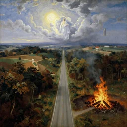 a bifurcation of two roads. one ( narrow )! road goes to the heavens!, and the wide! road goes to the ( fire pit )!!. aerial view, religious art, masterpiece. in a combination of thomas cole and paul gustav fischer.