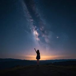 a beautiful landscape of a starry sky with an beautiful anime woman waving to the horizon, cinematic, dramatic, color grading, photojournalism, colorful, highly detailed