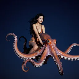 ektachrome, technicolor, 3 5 mm, highly detailed : incredibly realistic, asian woman riding on a flying octopus through the breathtaking night sky, perfect features, feminine cut, beautiful three point perspective extreme closeup 3 / 4 portrait photo in style of chiaroscuro style