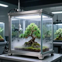 a plant incubator made of glass, stainless steel and precision instruments. there is mist inside and pine bonsai is inside, detection screens outside