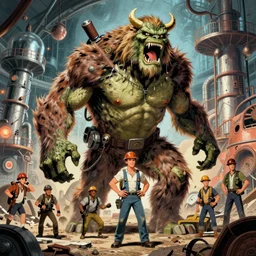 5 0 s pulp scifi fantasy illustration full body portrait monster wrecking laboratory, by norman rockwell, edd cartier, roberto ferri, jack kirby, howard v brown, ruan jia, jason fabok, tom lovell, frank r paul, dean cornwell, astounding stories, amazing, fantasy, other worlds