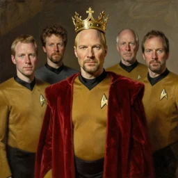 realism portrait Captain Picard wears an Star Trek captain uniform whilst wearing a red velvet robe and golden crown anna podedworna arkhip kuindzhi raphael lacoste guillem h. pongiluppi grisaille