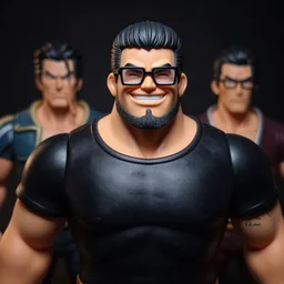 product photography, dramatic light, plastic action figure of a buff smiling man with long stubble, muscular neck, rectangular square shaped glasses and a black bowl cut, wearing a black tshirt by kim jung gi, ric estrada, ron english and eiichiro oda