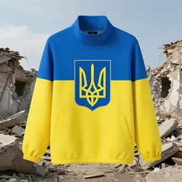 the coat of arms of ukraine, against the background of the destroyed city