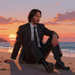 highly detailed full body portrait of john wick sitting on a beach, looking into the sunset, concept art by jama jurabaev cel shaded cinematic shot trending on artstation high quality brush stroke hyperspace vibrant