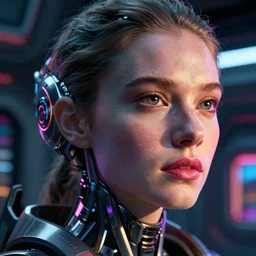 VFX movie of a futuristic cyborg closeup portrait in high tech compound, beautiful natural skin neon lighting by Emmanuel Lubezki