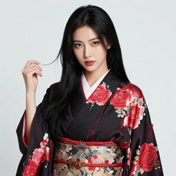a beautiful fierce black haired woman wearing red and black rose patterned kimono wielding blade posing heroically heavenly moonlit clouds background, close up shot