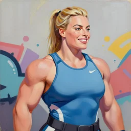 greg manchess portrait painting of smiling margot robbie as beautiful thick female bodybuilder zarya from overwatch, medium shot, asymmetrical, profile picture, organic painting, sunny day, matte painting, bold shapes, hard edges, street art, trending on artstation, by huang guangjian and gil elvgren and sachin teng