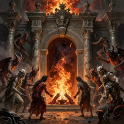 Purgatory, fire in hell. The gateway to the infernal underworld. Devils demons and ghouls torment sinful people, highly detailed, digital painting, artstation, concept art, smooth, sharp focus, illustration, art by artgerm and greg rutkowski and alphonse mucha