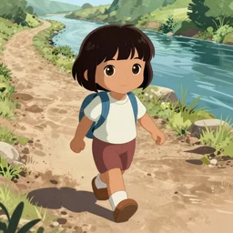 Digital anime art by WLOP and Mobius, Dora the Explorer walks down a dusty path beside a river, highly detailed, intriguing lighting