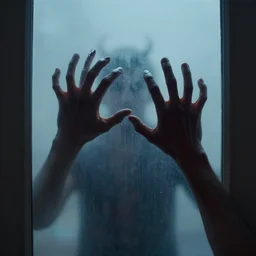 demonic hands on a door through a closed glass door, artstation