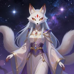 a painted avatar portrait of an awesome cosmic powerful humanoid kitsune fox mage themed around life and death and the stars and the cosmos and dressed in elegant elven mage robes, in the style of dnd beyond avatar portraits, beautiful, artistic, elegant, lens flare, magical, lens flare, nature, realism, stylized, art by jeff easley