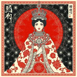 album cover art for kanji large queen in front of tessellation red white black by akihiko yoshida