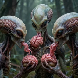 aliens brainsuckers eating brains, perfect face, fine details, studio lighting, subtle shadows, art by ross tran, forest, fantasy, artwork, highly detailed faces, photorealism, hyper realism, octane render, hyper detailed, canon eos r 3, f / 1. 4, iso 2 0 0, 1 / 1 6 0 s, medium shot, 8 k, raw, unedited, in - frame,