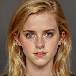 An extremely beautiful detailed close up portrait of a blonde haired Emma Watson, green eyes, long hear, round face, artstation, oil painting, award winning