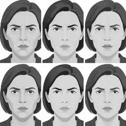a triptych of extreme close up monochromatic vector based illustration of a very ordinary middle - aged woman with a angry expression, wrinkles, no gradients, pure black ink on white background, smooth curves, vector spline curve style, award winning, stunning, trending on art station, highly detailed