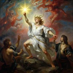 attractive male lucifer morning star casting a spell to raise hell unto heaven. highly detailed painting by gaston bussiere, craig mullins, j. c. leyendecker, 8 k