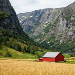 Intricate detailed lush fjord with a single isolated red barn with a flat roof next to a wheat crop at noon. Wide angle shot, art by Eddie Mendoza