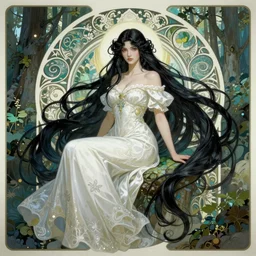 wide angle, mage, white green black blue color palette, focused, forest, female, d & d, fantasy, intricate, elegant, highly detailed, long black hair, digital painting, artstation, octane render, concept art, matte, sharp focus, illustration, hearthstone, art by artgerm, alphonse mucha johannes voss