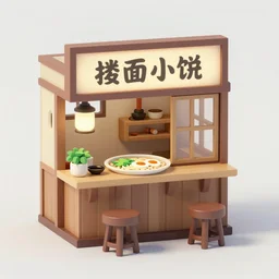outside view of cute miniature 3 d ramen shop, goro fujita, studio gibli, hayao miyazaki, clean, low poly art, very detailed, isometric view, trending on artstation, global illumination, 2 stools