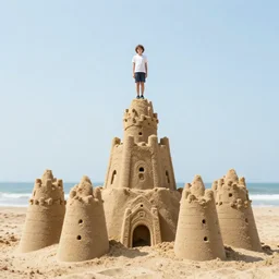kid standing on top of a huge sandcastle