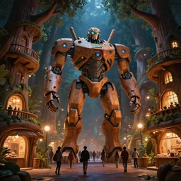 giant wooden mecha looks down crowded street between futuristic giant wooden tree trunk buildings, organic wooded shops, solarpunk, organic bioluminescent street lights, dark forest canopy understory, cinematic lighting, night time, octane render, 3 d pixar disney digital cgi rtx hdr painting, highly detailed, artstation cgsociety masterpiece, by syd mead, greg rutkowski, wlop,