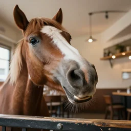 a photo of a horse picking its nose, while in a cafe