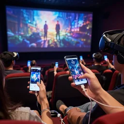 1 9 0 0 s photo of people using iphones ipods virtual reality headsets vr watching hd tv in a movie theater intravenous tube iv in their arms