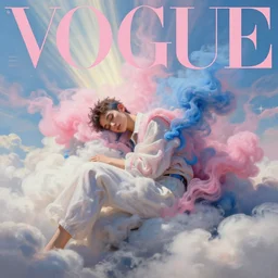 3 d, pink and blue smoke, sun rays, sleepy fashion model, white clouds, vogue cover style, poster art, high detail, intricate oil painting, multiple exposure, heaven mood, hyperrealism, 3 d, by tooth wu and wlop and beeple and greg rutkowski