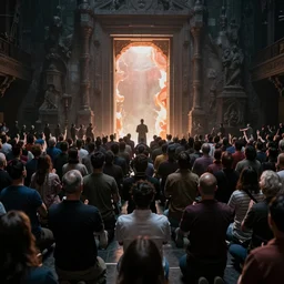 a crowd of worshipers praying to a portal to hell, by Michael Whelan, luminous lighting, cinematic, panoramic, aspect ratio 1:3