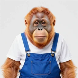 photograph of a light orange orangutan wearing blue overalls and a white t shirt