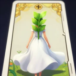 a girl with green leaves sprouting from her back. concept art by muggur, flowing white dress, smooth, sharp focus, artstation contest winner, fantasy, 2 d game, tarot card
