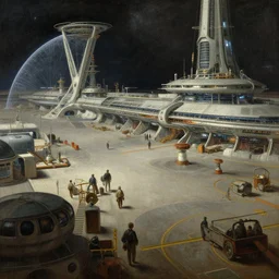 a futuristic space port, painting by rembrandt, trending on artstation