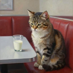 a beautiful painting of a sad kitty sitting in an empty diner staring at a cup of milk, moody, oil on canvas, 8 k, 4 k, highly detailed, sharp