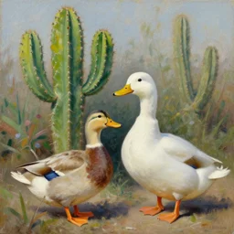A highly detailed oil painting of a cactus next to a duck, by Afremov