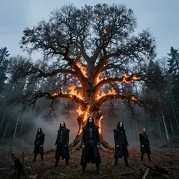 realistic album cover of a black metal band with a very large dead oak tree that is flaming, standing far in front of a dark forest, the weather is clear but there is some fog full colour
