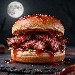 monster that looks like a pulled pork sandwich, bbq sauce splashes, dark lighting, moonlight, horror, scary, hyper-realistic
