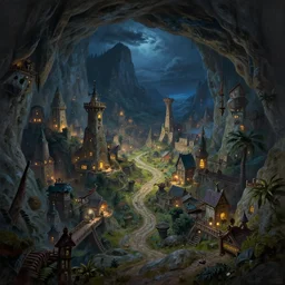 Secret pirate cove city, cave, mountain trails, night, a fantasy digital painting by Greg Rutkowski and James Gurney, trending on Artstation, highly detailed