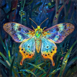 close up of the glowing moth man of the swamp. incandescent colors. painting be henri rousseau, ciurlionis, yves yanguy, monet