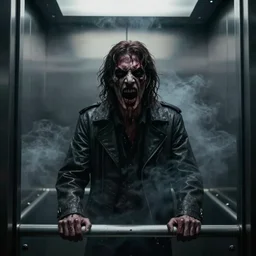 A terrifying portrait of Shia Labeouf in an elevator, extreme horror movie, dark, moody, sci-fi, steam, smoke, atmospheric, 4K render, sharp, Octane