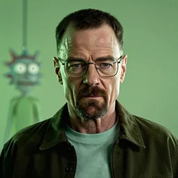 portrait of walter white in the style of justin roiland. heisenberg. breaking bad. cinematic lighting. style of rick & morty by justin roiland